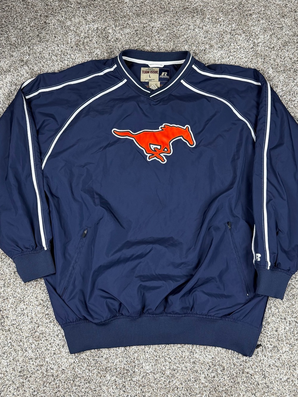 Russell Athletic Navy Windbreaker with Orange Mustang Logo